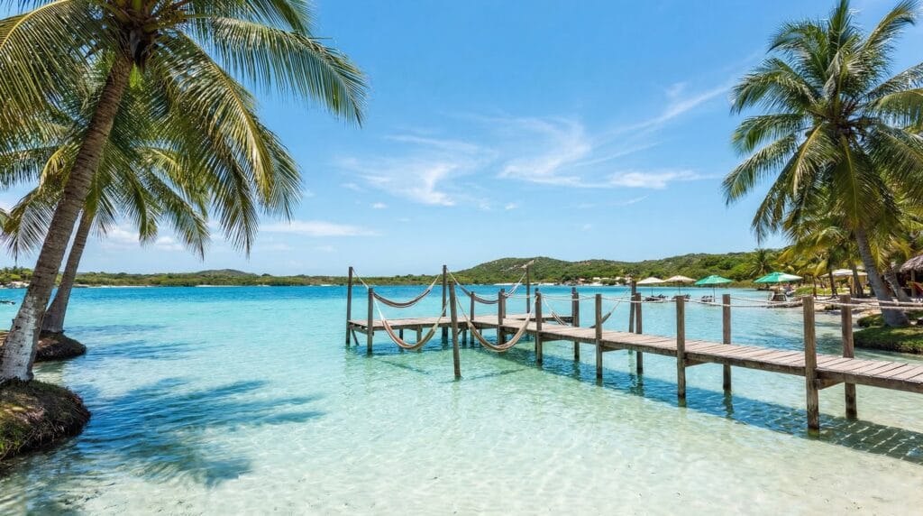 Lagoa do Paraíso em Jericoacoara com águas cristalinas e redes sobre a água