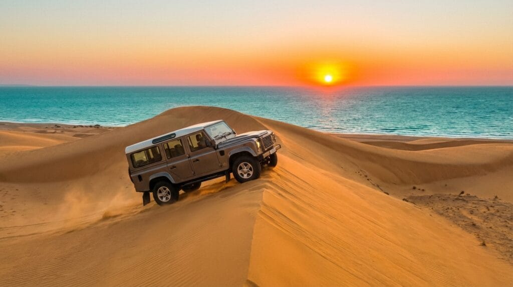 chegar em Jericoacoara de SP — análise visual detalhada do transfer em veículo 4x4 pelas dunas no pôr do sol