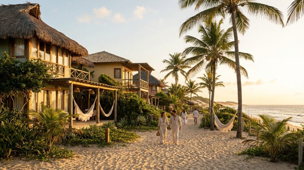 Onde ficar em Jericoacoara — análise visual detalhada das ruas de areia e pousadas locais.