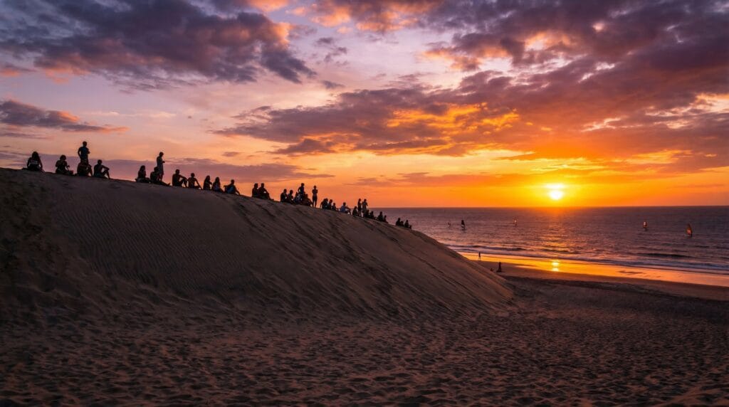 Pôr do sol na Duna do Pôr do Sol em Jericoacoara com silhuetas de pessoas