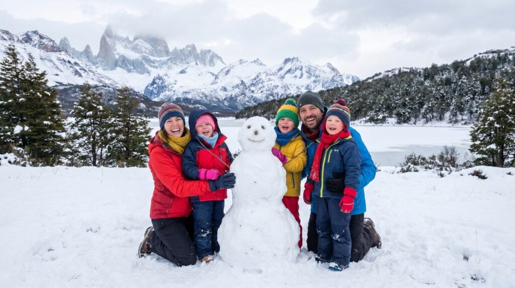 Familia fazendo boneco de neve em Bariloche