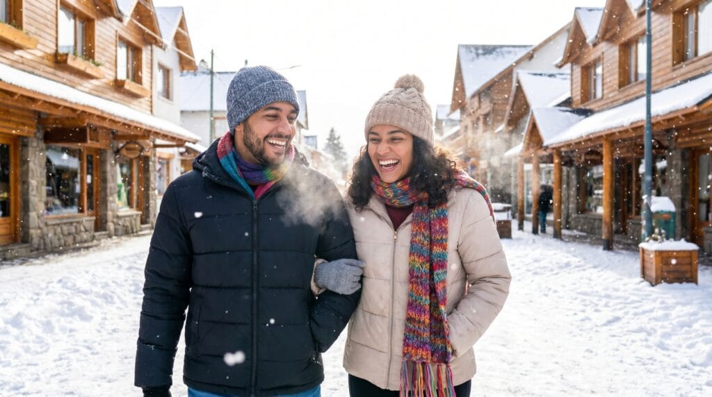 Casal agasalhado sorrindo na neve em Bariloche no inverno