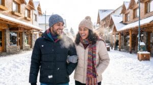 Casal agasalhado sorrindo na neve em Bariloche no inverno